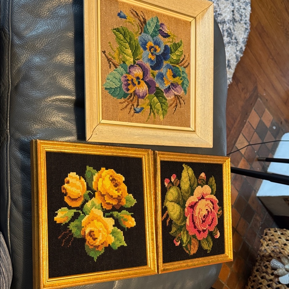 Floral Needlepoint Embroidery Art Vintage 1970’s set of 3